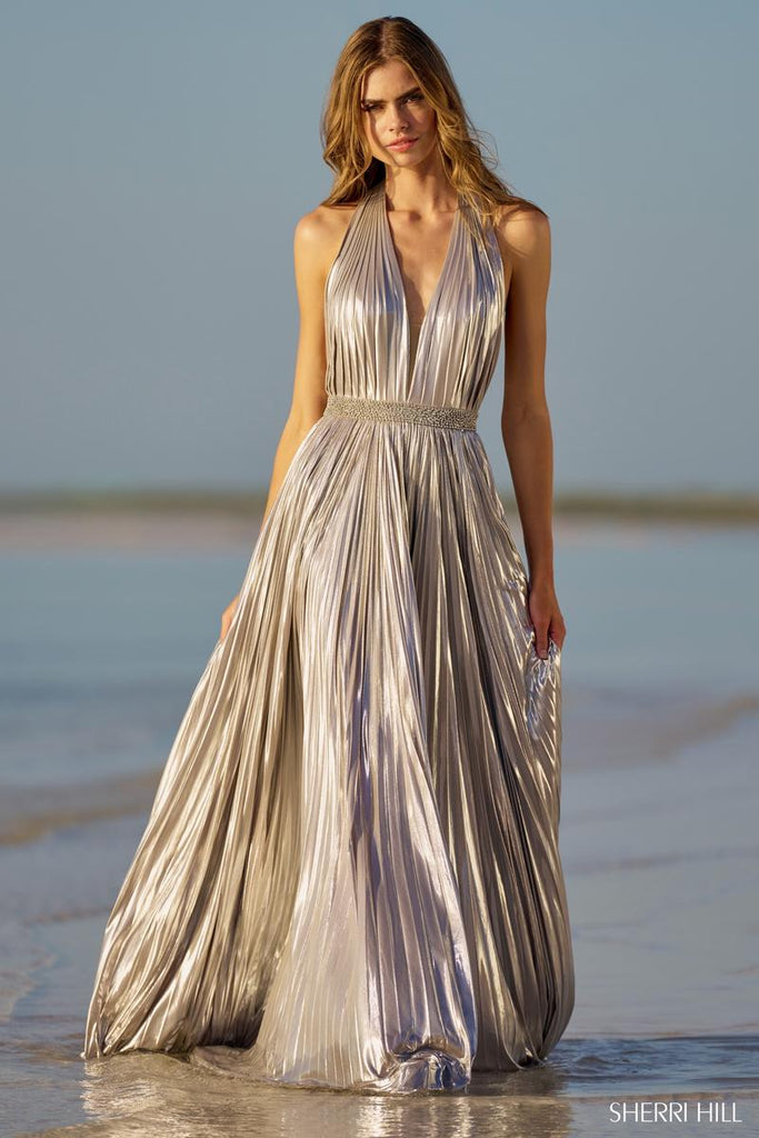 Llella Silver Metallic Open Back Prom Dress Pleated Slit Formal Dresses –  LLELLA